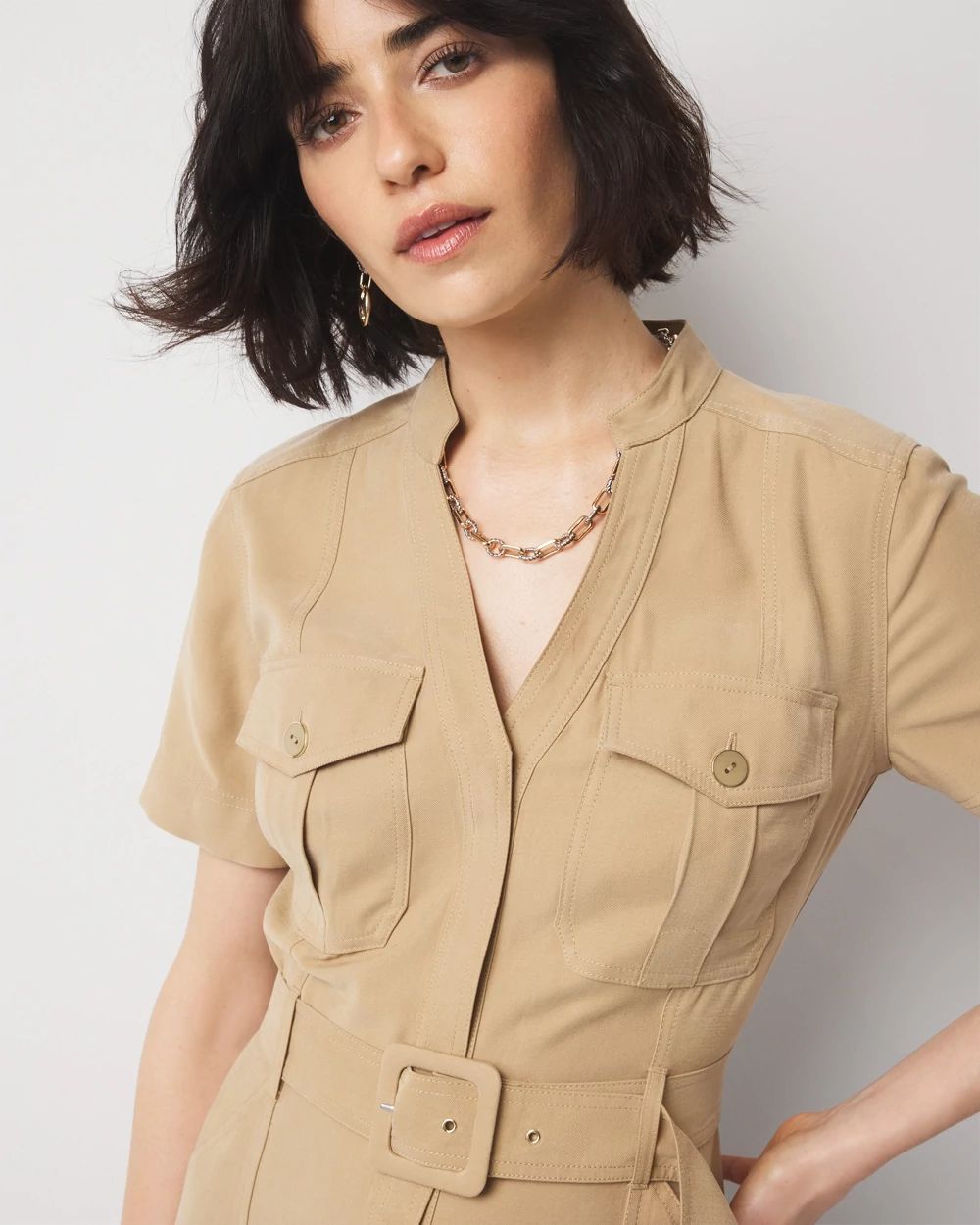 Petite Short-Sleeve Utility Shirt Dress | White House Black Market